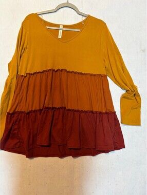 Vanilla Bay Color Block Long Sleeve Top in Mustard, Rust, and Burgundy